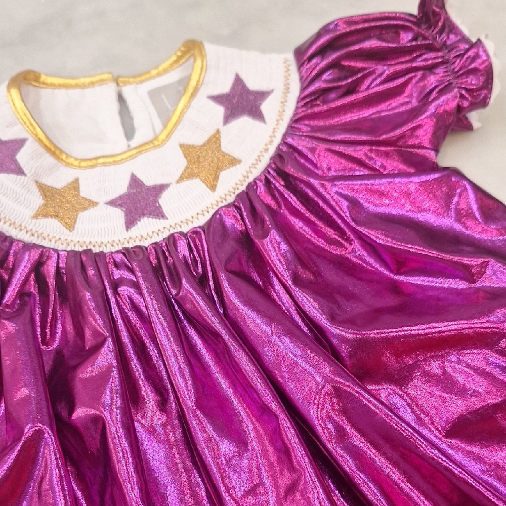Lil Cactus Dress Toddler 2T Purple Gold LSU Metallic Smocked Star Mardi Gras‎